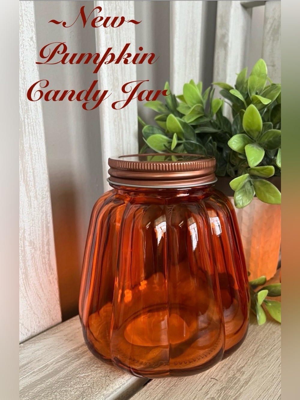 Pumpkin Jar~ Fall Orange-Amber Colored Glass with Copper Lid ~New~ Many Uses…